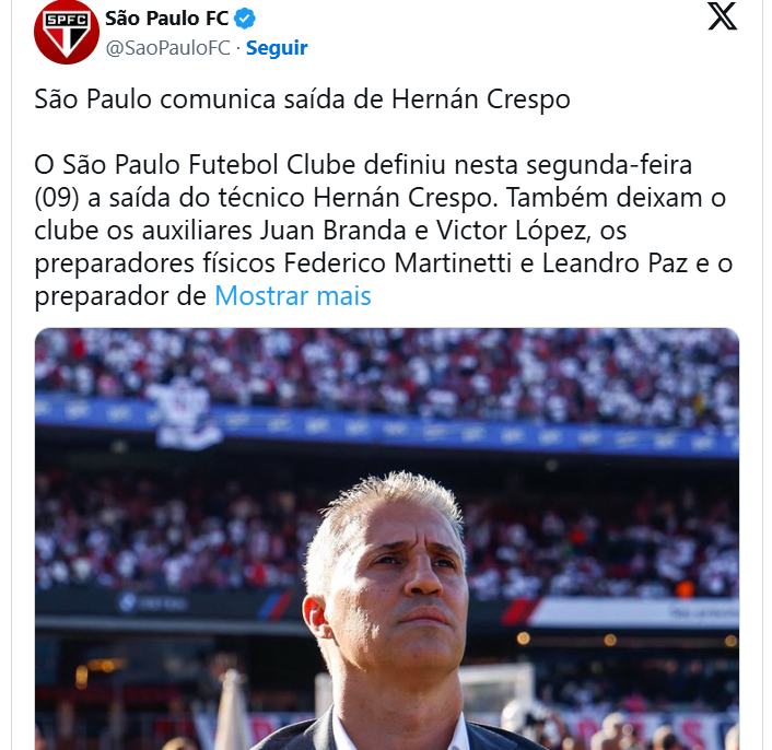 São Paulo demite Hernan Crespo e procura novo comandante